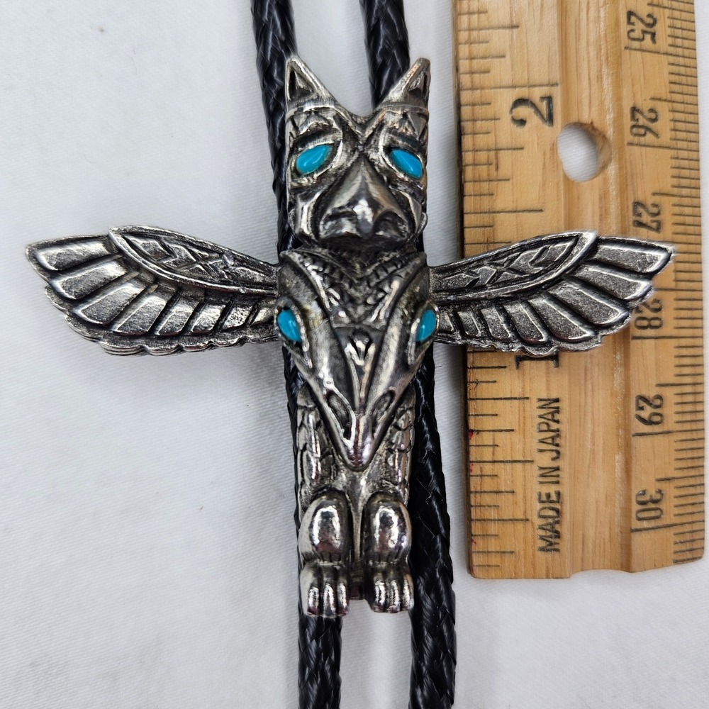 Vtg Bolo Tie Eagle Totem Silver Tone Turquoise Black Leather Braided Cord Native - Picture 3 of 8